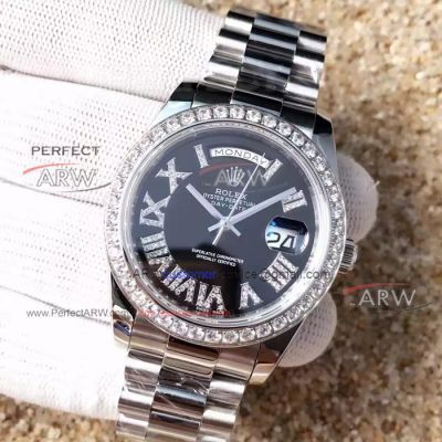Perfect Replica 41mm Rolex Day Date II Black Diamond Dial Presidential Watch 